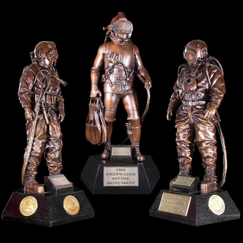 The Final Editions – No.300 of 300 Matched Triplet of Bronze Statuettes: MkV Monument, Military Diver Memorial and Deepwater Diving Monument - Divers Gifts