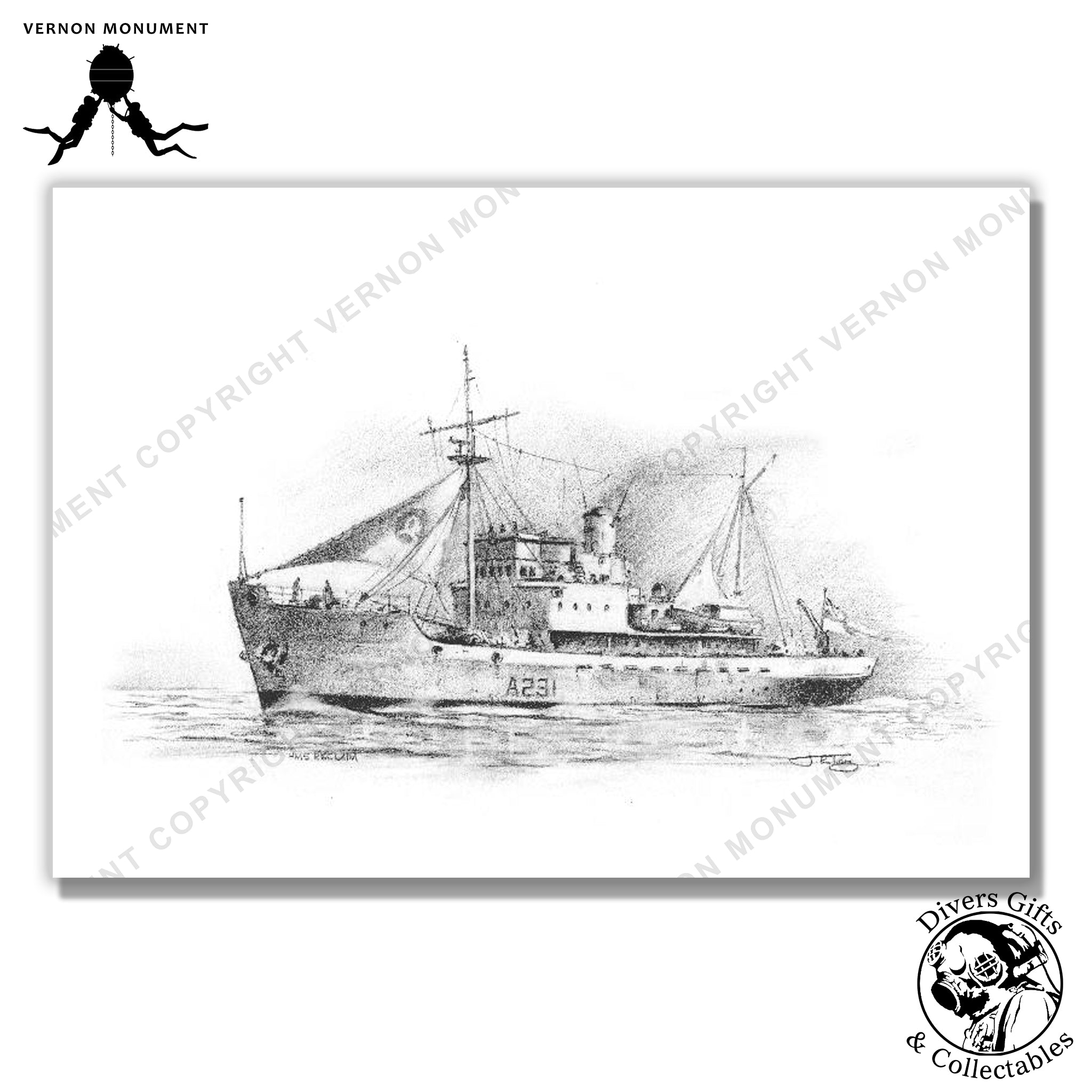 Print of a John Terry Sketch of HMS Reclaim