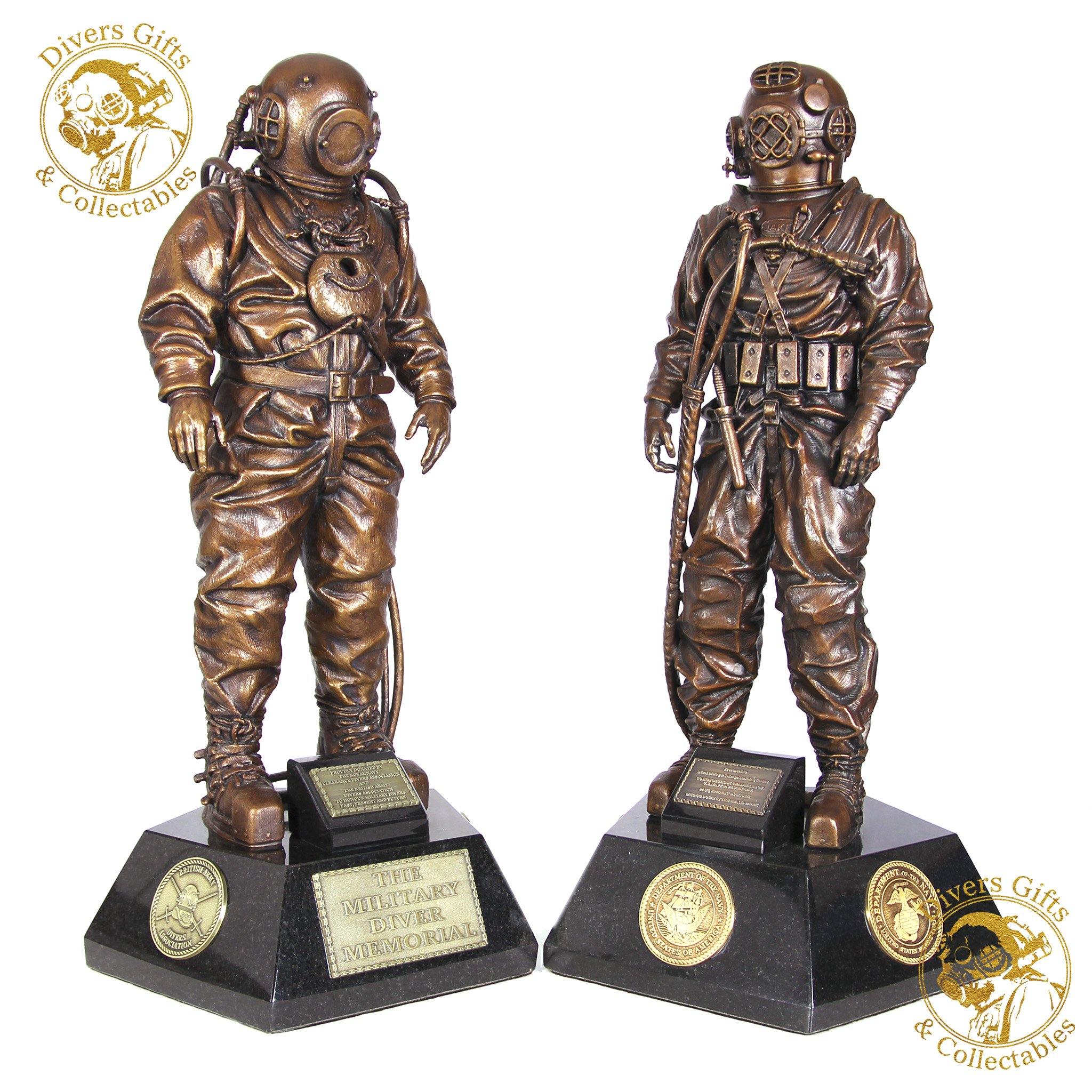 An extremely rare matched pair of MkV Monument and Military Diver Memorial Statuettes - Divers Gifts