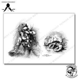 Print of a John Terry Sketch of a Diver dressed in Clearance Divers Breathing Apparatus and a hiding Lobster