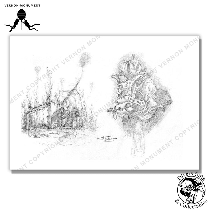 Print of a John Terry Sketch of a British Mk17 Mine sinker and a Diver dressed in CDBA