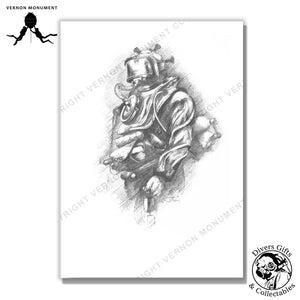 Print of a John Terry Sketch of a Diver dressed in Clearance Divers Breathing Apparatus