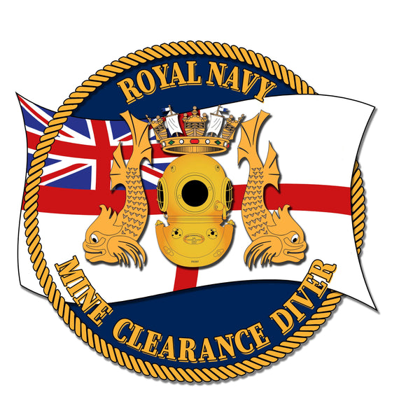 65 - Royal Navy Clearance Diver with White Ensign - Blue Background -  T-Shirt (Printed on Front) - Divers Gifts