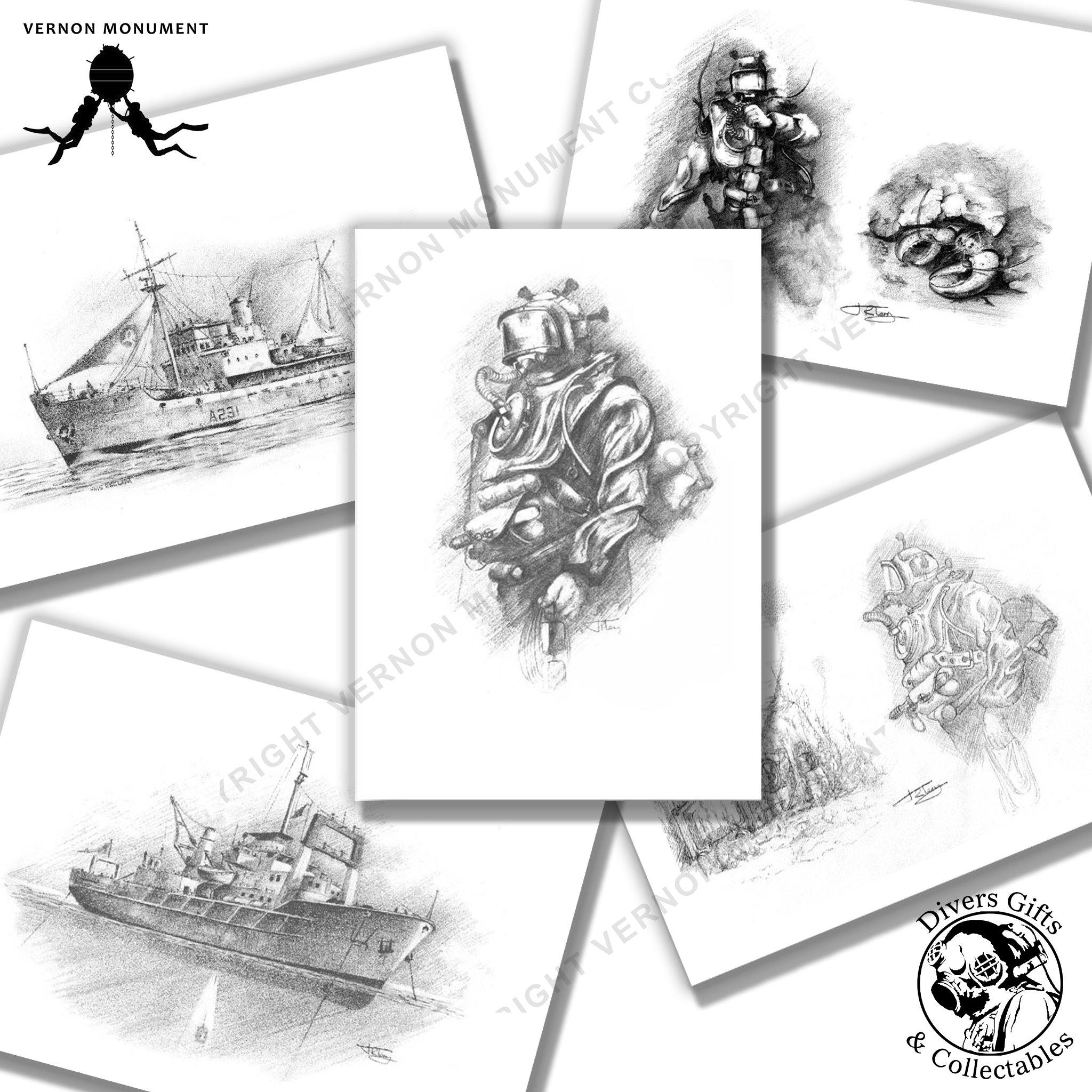 Print set of sketches as used on some 'Danger At Depth' prints by John Terry - Divers Gifts