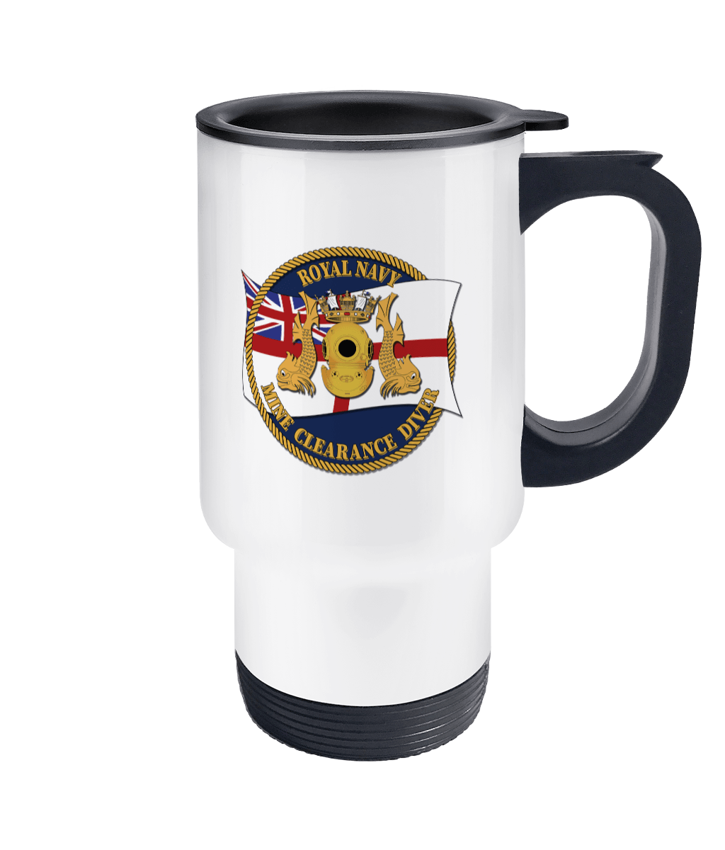 Travel Mug 11oz 65 Royal Navy Clearance Diver with White Ensign and Blue Background - Divers Gifts