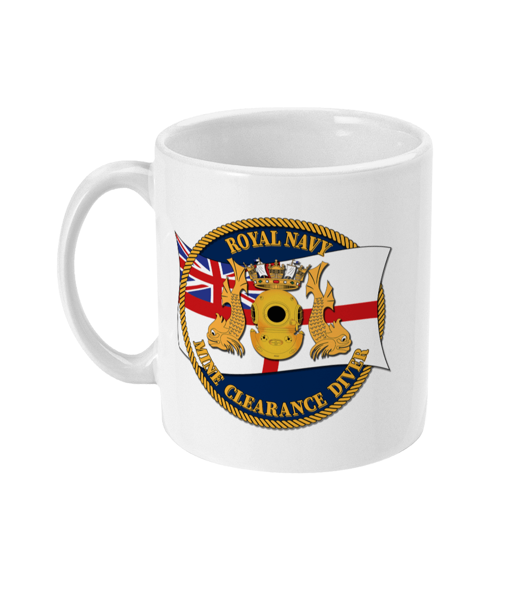 11oz Mug 65 - Royal Navy Clearance Diver with White Ensign - Blue Background - Divers Gifts